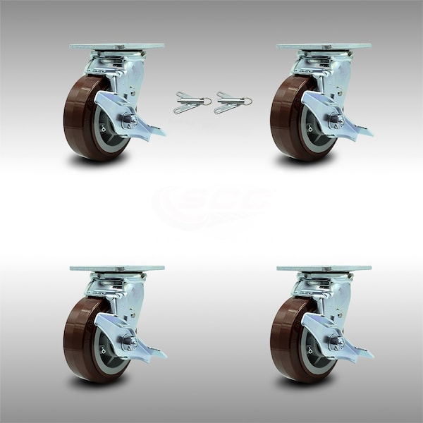 Service Caster 5 Inch SS Polyurethane Caster Set with Ball Bearings 4 Brake 2 Swivel Lock SCC SCC-SS30S520-PPUB-TLB-BSL-2-TLB-2 - main